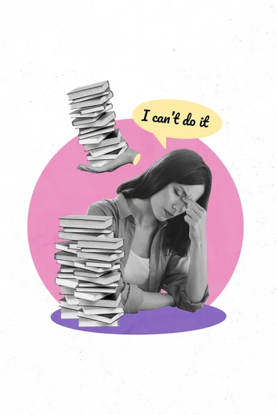 stock image Vertical abstract collage of black white colors unsatisfied tired girl sat talk i cant do it arm hold big pile stack book isolated on white background.