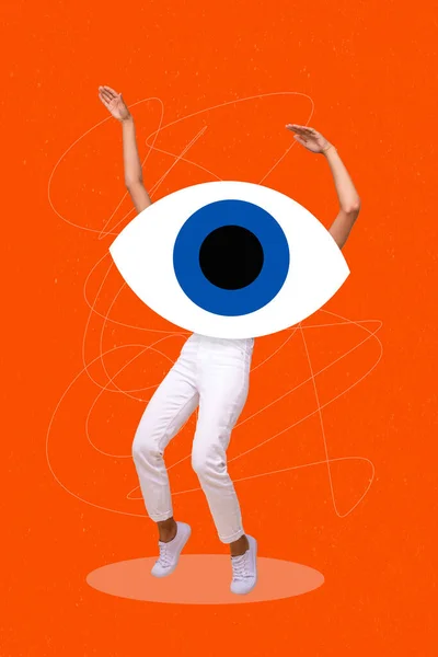 在橙色图画背景下 迷你人跳着大眼睛 而不是头颅的垂直拼贴图像 — 图库照片