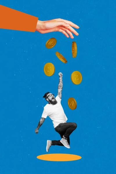 Man Jump Punho Até Sistema Organizador Orçamento Financeiro Anúncio Colagem — Fotografia de Stock