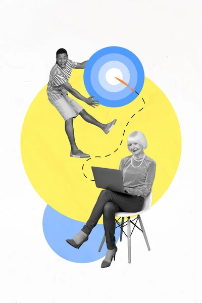 Plakát Ilustrace Koláž Obrázek Ženy Důchodu Použití Netbook Sledování Finančního — Stock fotografie
