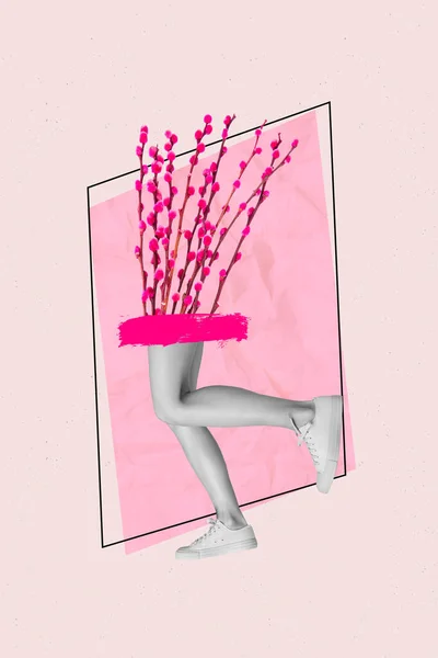 运动女性腿跑花束而非身体在创造性粉刷背景上的纵向抽象3D照片拼贴 — 图库照片