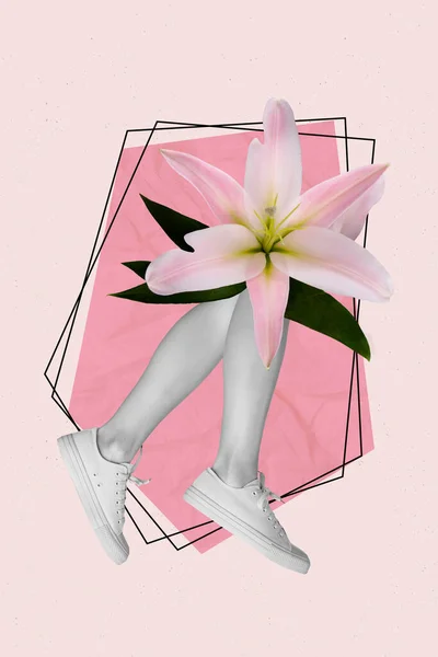 Vertical illustration photo collage of bodyless woman legs lily instead of body spa salon advert isolated on pink drawing background.