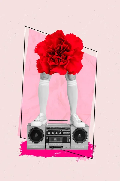 垂直杂志照片拼贴少女脚站在复古音乐录音机上 花朵在粉红的画布背景上被隔绝 — 图库照片