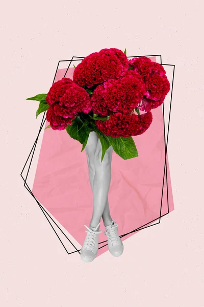 用年轻女子腿束代替身体的垂直抽象照片拼贴庆祝在粉红图画背景下的情人节 — 图库照片