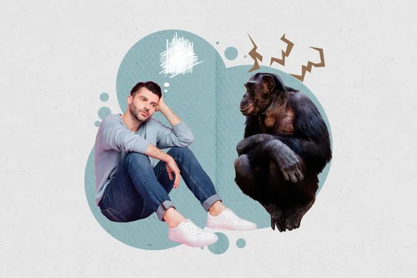 Immagine Collage Creativo Supporto Scimmia Aiutare Ragazzo Depresso Insoddisfatto Isolato — Foto Stock
