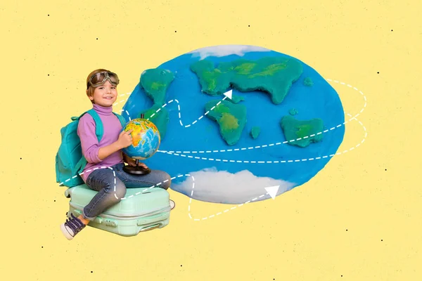 Magazine Template Collage Cute Kid Ready Flying World Hold Globe — Stock Photo, Image