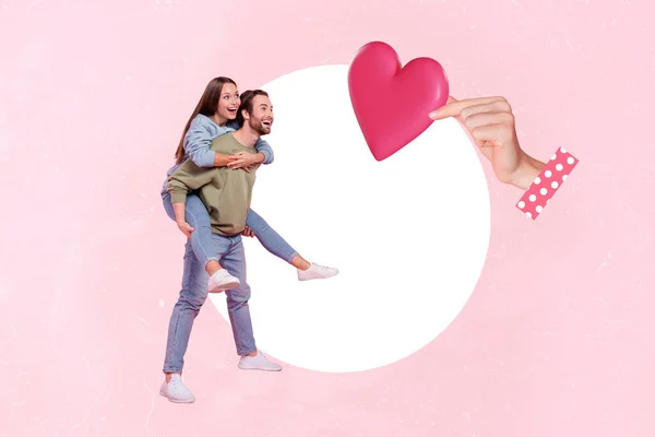 Collage Von Ganzkörperlänge Flirty Bonding Paar Huckepack Suchen Ihre Liebesgeschichte — Stockfoto