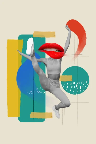 Collage Photo Illustration Image Minimale Dame Drôle Dansant Bouche Rouge — Photo