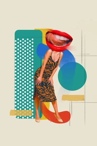 Creatieve Collage Van Glamour Meisje Hoofd Lippen Likken Tanden Flirten — Stockfoto