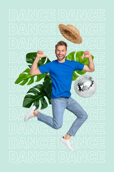 Vertical Abstract Creative Collage Photo Funny Excited Positive Male Dancing — Stock Photo, Image
