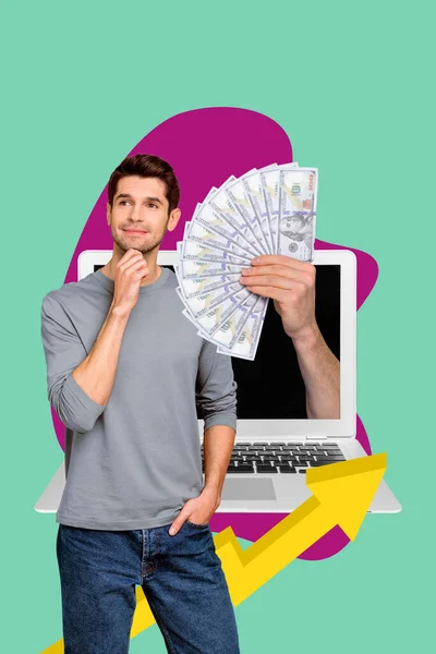 Vertical Collage Picture Miniature Guy Contemplate Big Arm Hold Dollar — Stock Photo, Image