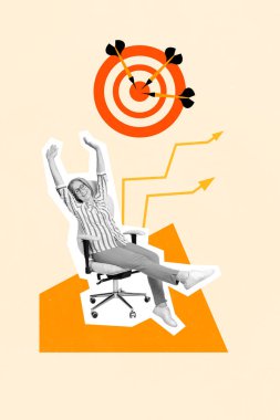 Vertical collage picture of positive black white gamma aged lady sit chair enjoy success growing arrow upwards darts board. clipart