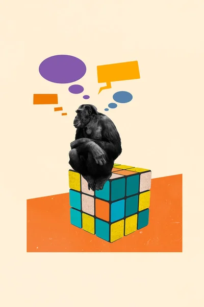 黒い白いガンマ猿の垂直コラージュイメージは 創造的な背景に隔離された心の泡を熟考する大きなルービックキューブに座る — ストック写真