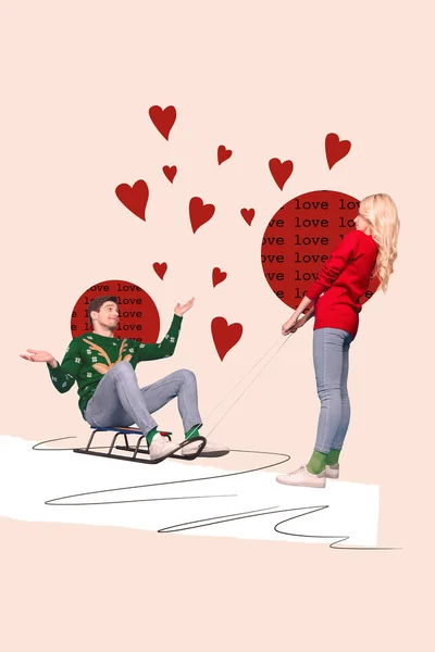 Postcard Valentine Day Winter Collage Couple Tradisinya Girl Drag Sleigh — Stok Foto