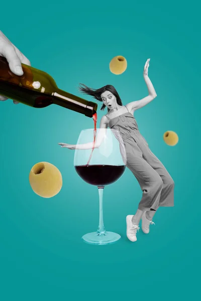 stock image Photo placard collage of surprised woman overjoyed dancing boogie woogie party taste wine glass cabernet olive isolated on green background.