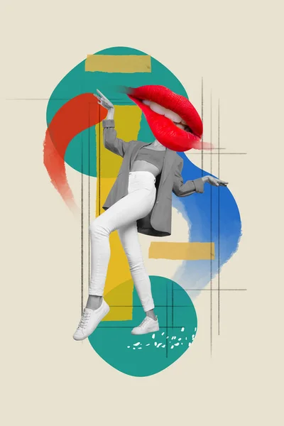 Вертикальний Фотоколаж Голови Абсурдна Карикатура Спокуслива Дівчина Кусає Губи Танцююча — стокове фото
