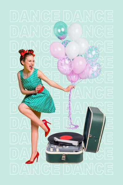 Vertical Invitation Collage Dance Party Retro Turntable Vinyl Player Wear — Stock Photo, Image