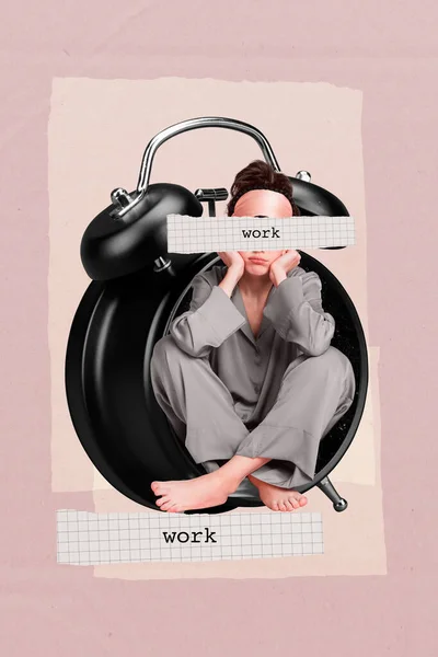 Kreativ Foto Collage Unga Ledsen Flicka Arbetare Gillar Inte Vakna — Stockfoto