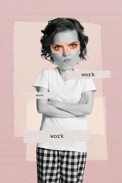 Kreatywne Kolaż Zdjęcie Młody Nieszczęśliwy Zestresowany Kobieta Przebudzone Składane Ręce — Zdjęcie stockowe