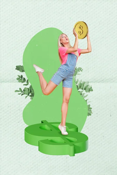 Collage Illustration Young Lady Stand Tiptoe Hold Big Dollar Icon — Stock Photo, Image