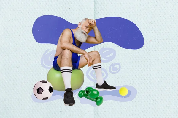 Affischmagasin Collage Äldre Man Känner Trötthet Sluta Idrotta Gymmet Med — Stockfoto