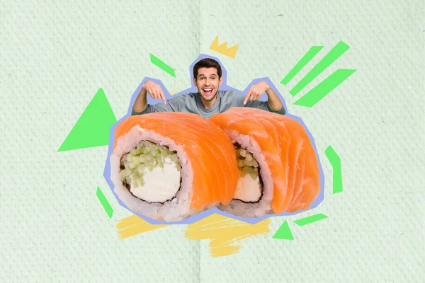 若い面白い男宅配広告新しい寿司セット特別価格注文配達は 概念的な写真のコラージュの背景を提供します — ストック写真