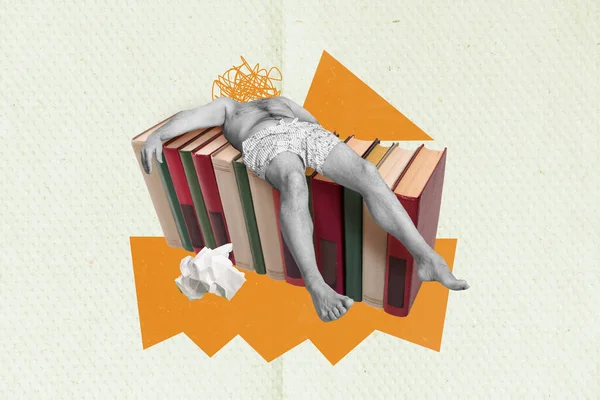 Pop Collage Banner Photo Student Tired Studying Sleeping Book Pile — Stock Photo, Image
