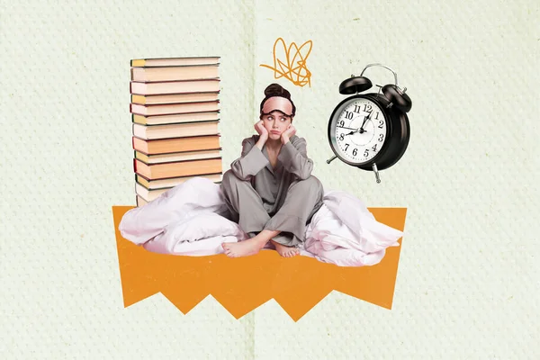 Picture Collage Photo Student Tired Studying Early Awakening Sleepy Have — Stock Photo, Image