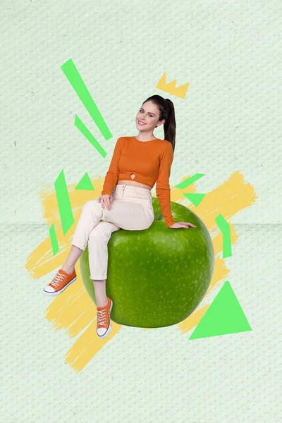 Picture Pop Collage Banner Young Girl Sit Huge Green Apple — Stock Photo, Image