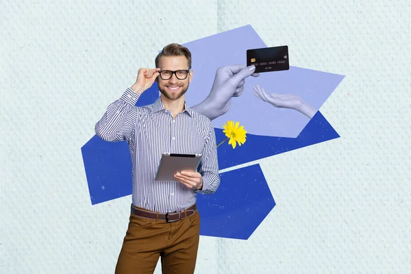 Colagem Modelo Cartaz Financiador Confiante Usando Tablet Pagando Loja Site — Fotografia de Stock