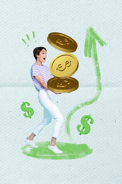コラージュ画像イラストビジネス女性のホールドスタックドル黄金のコイン取引はカラフルな背景をオンラインでお金を稼ぐ — ストック写真