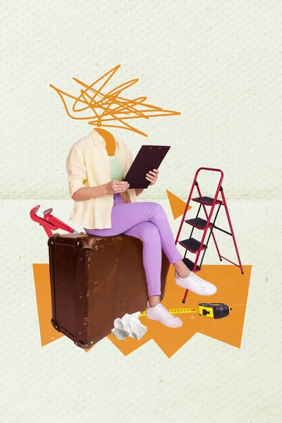 奇妙な女性のポスターバナーのコラージュは 修理ツールの供給と家の再建読み取りリスト計画を持っています — ストック写真