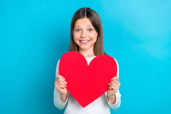 Photo of good mood nice girl with long hairstyle wear white long sleeve hold large figure paper heart isolated on blue color background.