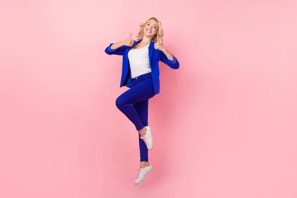 Full Length Photo Adorable Cheerful Woman Dressed Blue Blazer Jumping — Stock Photo, Image