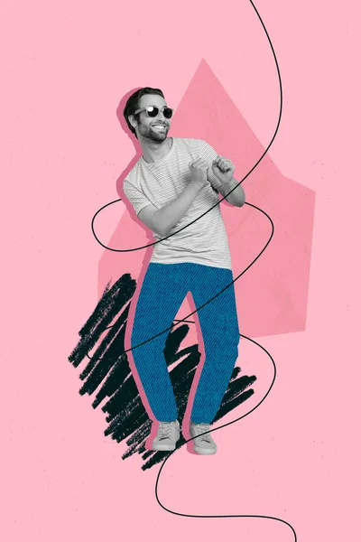 Koláž Pinup Pop Retro Skica Obraz Cool Usmívající Chlap Tanec — Stock fotografie
