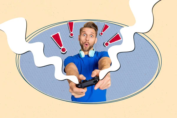 Collage Portrait Impressed Guy Hold Controller Playing Video Games Tryhard — Stock Photo, Image