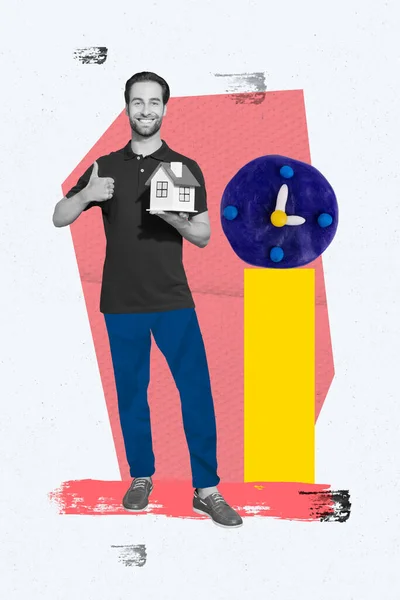 黑白效果男子手持小房子的垂直拼贴图演示在绘图背景图上孤立的大拇指向上塑料时钟 — 图库照片