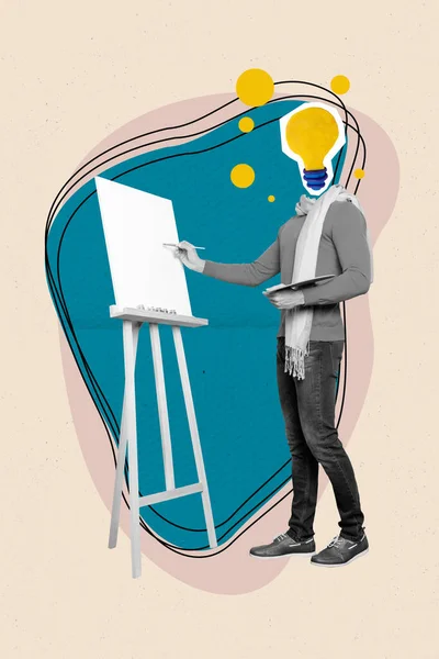 抽象的なテンプレートグラフィックスのコラージュ男ランプのイメージの代わりに頭の描画 Easel絶縁された図面の背景 — ストック写真