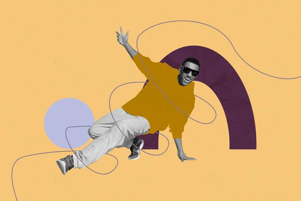 科拉奇的美术图画 很酷的笑着的家伙有一个有趣的舞蹈孤立的绘画背景 — 图库照片