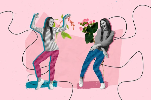 Creatief Collage Beeld Van Twee Zwart Wit Effect Meisjes Dansen — Stockfoto