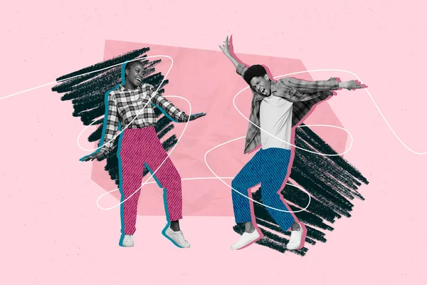 两个黑人白人伽玛人的复合拼贴肖像画喜欢在粉红的背景下跳舞 — 图库照片