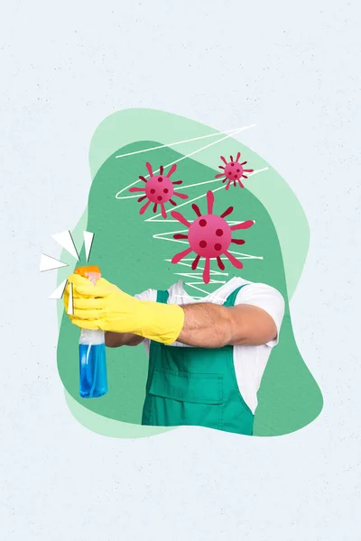 Collage Foto Reclame Schoonmaakbedrijf Huishouden Man Headless Microbe Plons Chemisch — Stockfoto
