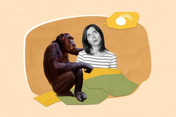 Foto Kreslený Komiks Skica Koláž Obrázek Opice Objímání Přemýšlivý Pochybné — Stock fotografie