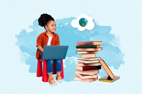 Creative collage picture of minded positive small girl sit chair use netbook pile stack book think planet earth isolated on blue background.