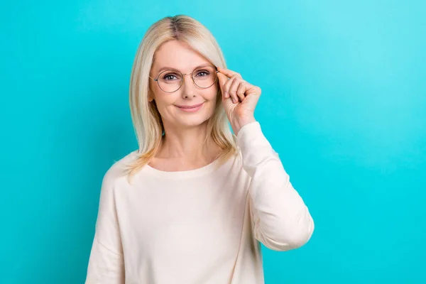 Photo Sure Business Woman Wear White Shirt Touch Spectacles Okulary — Zdjęcie stockowe