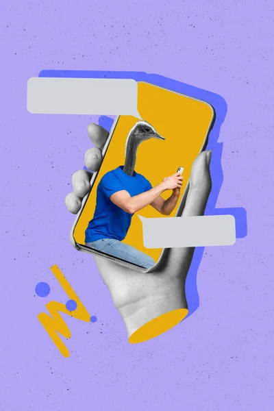 Kreativ Retro Magazin Collage Bild Von Arm Haltend Vorrichtung Straußenmaske — Stockfoto