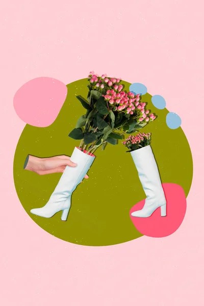Artwork magazine collage picture of arm holding shoe shape flower vase isolated colorful background.
