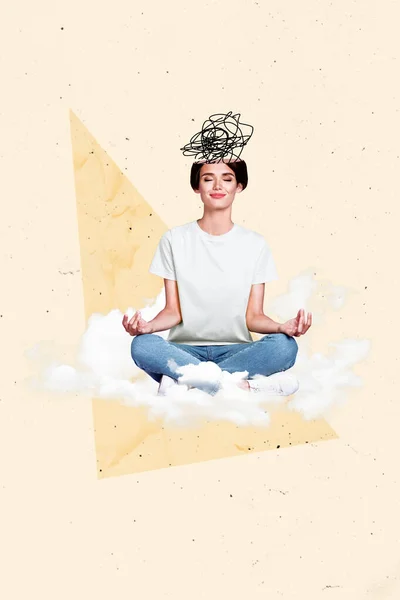 Композитний Колаж Молодої Розумної Жінки Розслабляється Сидячи Практики Медитації Мозковий — стокове фото