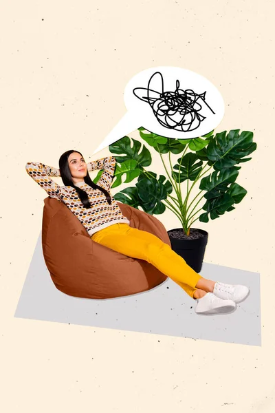 Imagen Collage Vertical Chica Pacífica Positiva Sentarse Beanbag Desordenado Mente —  Fotos de Stock