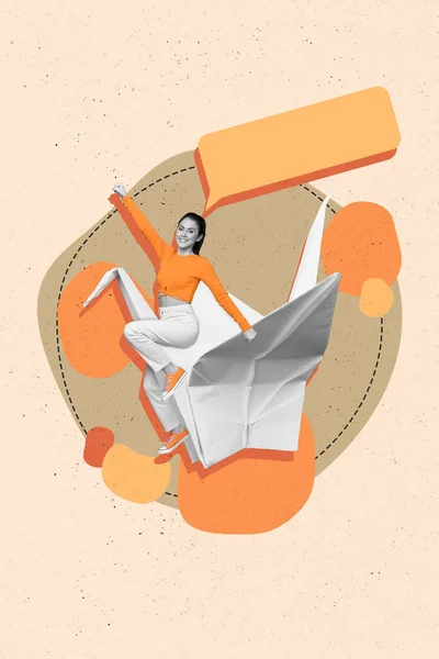 Gambar Kolase Vertikal Gadis Gamma Hitam Mini Duduk Kertas Terbang — Stok Foto